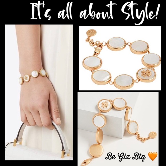 🆕 Tory Burch Authentic White Semi Precious Mother Of Pearl Coin Station Bracelet - Picture 4 of 13